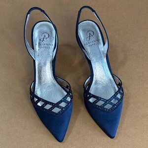 Adrianna Papell Navy Silver Crystal Slingback Heels 2 Inch Y2K Formal Wedding 7